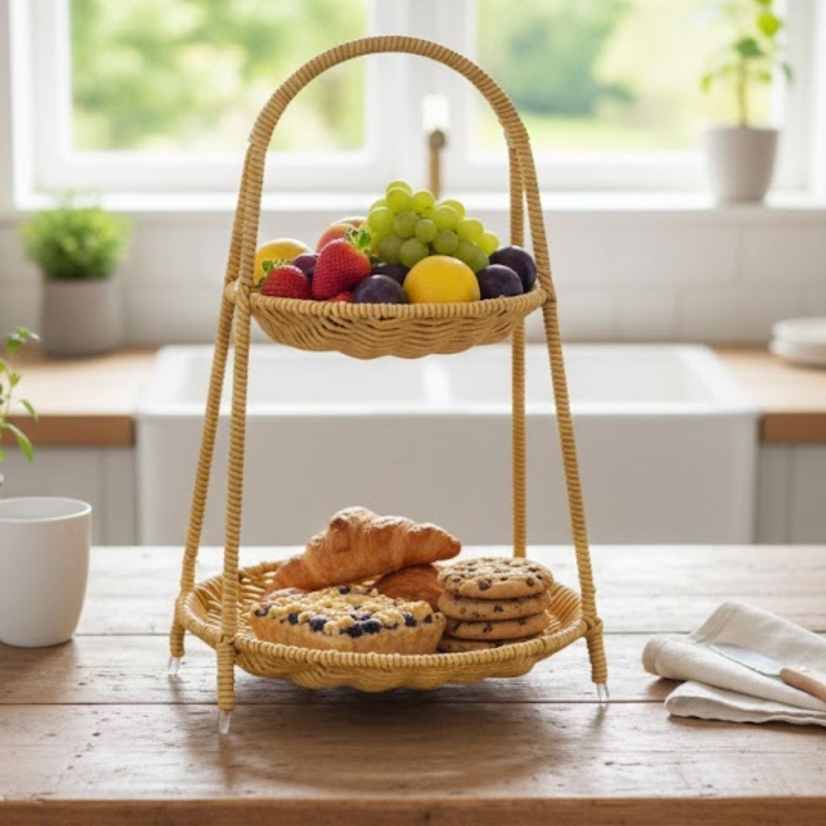 Plastic Rattan Two-Tier Stand – Decorative Organizer (5563)