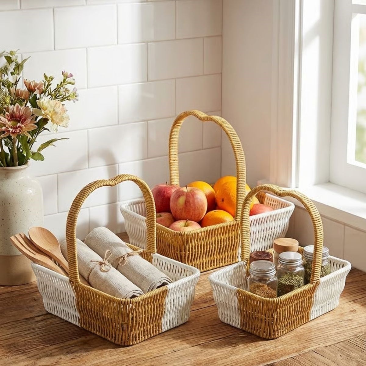 3-Piece Nesting Rectangular Plastic Rattan Basket Set with Heart Handles