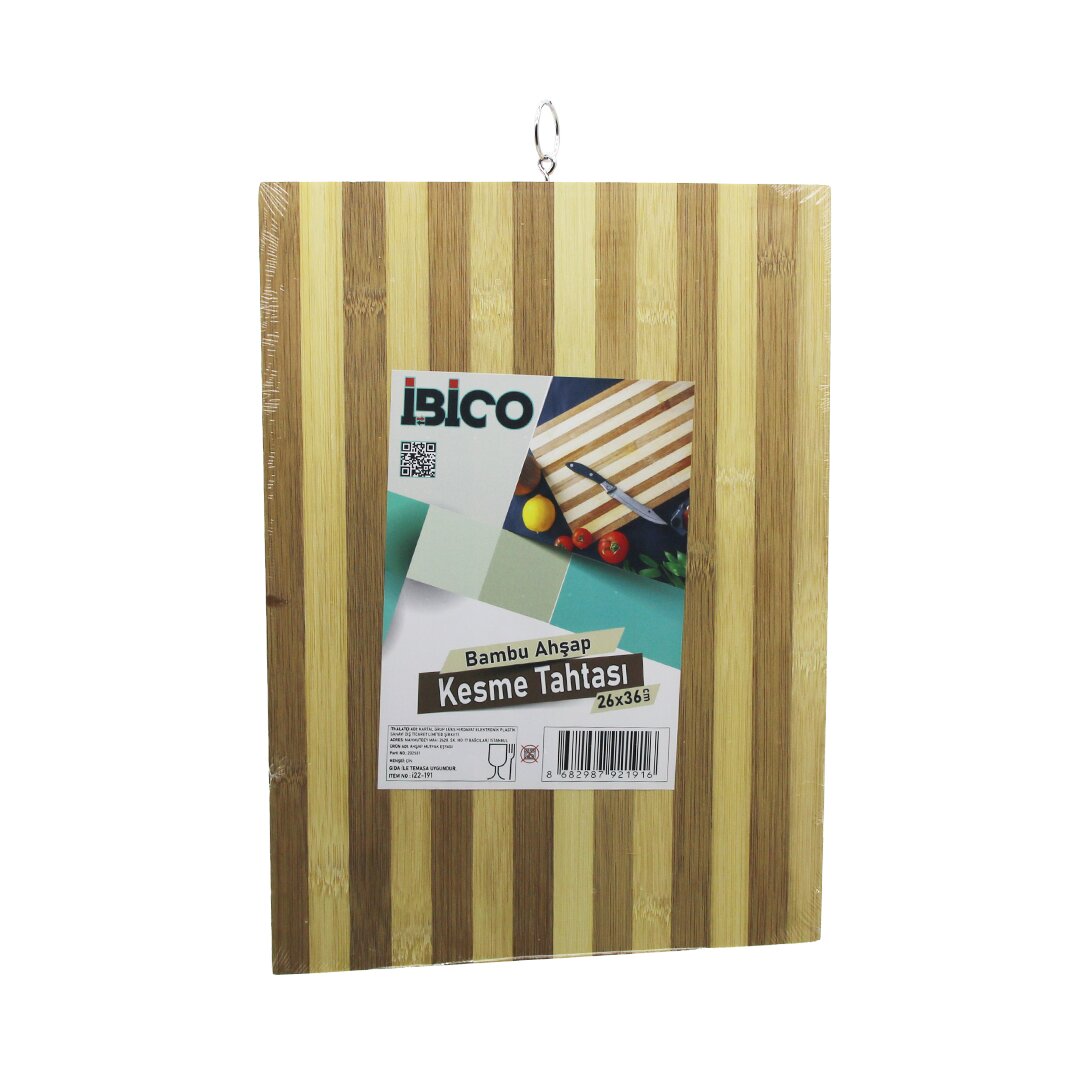 BEYAZ ÇİZGİLİ AHŞAP BAMBU KESİM PANOSU - KESME TAHTASI METAL KULPLU 26 X 36 X 1.4CM (5563)