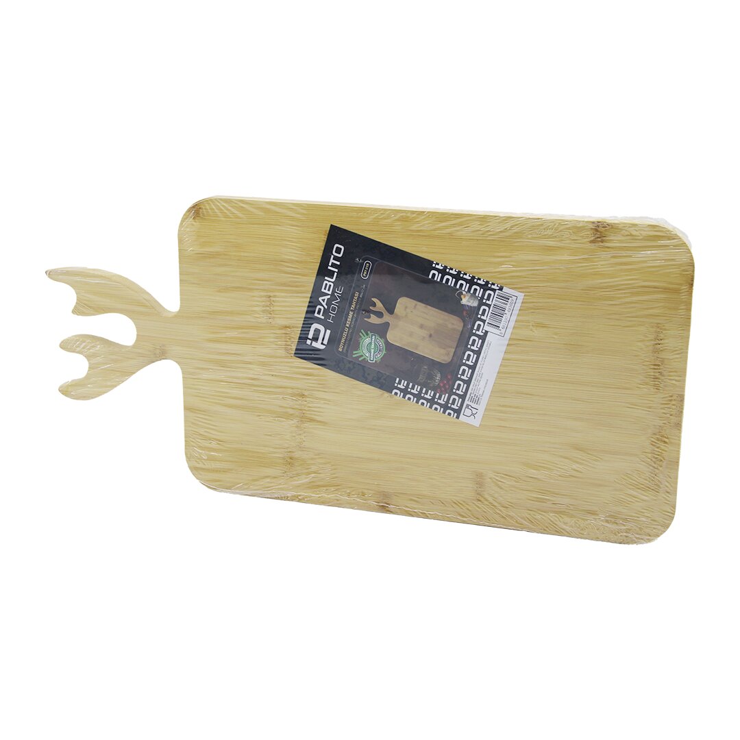 DİKDÖRTGEN AHŞAP BAMBU KESİM PANOSU - KESME TAHTASI GEYİK BOYNUZ FİGÜR SAPLI 22X36CM (5563)