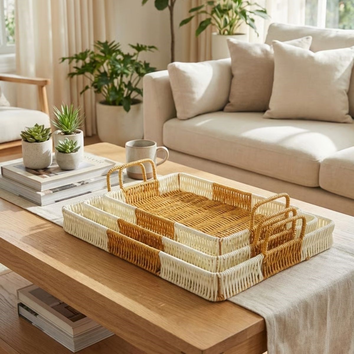 3er-Set verschachtelbarer rechteckiger Kunststoff-Rattan-Tabletts