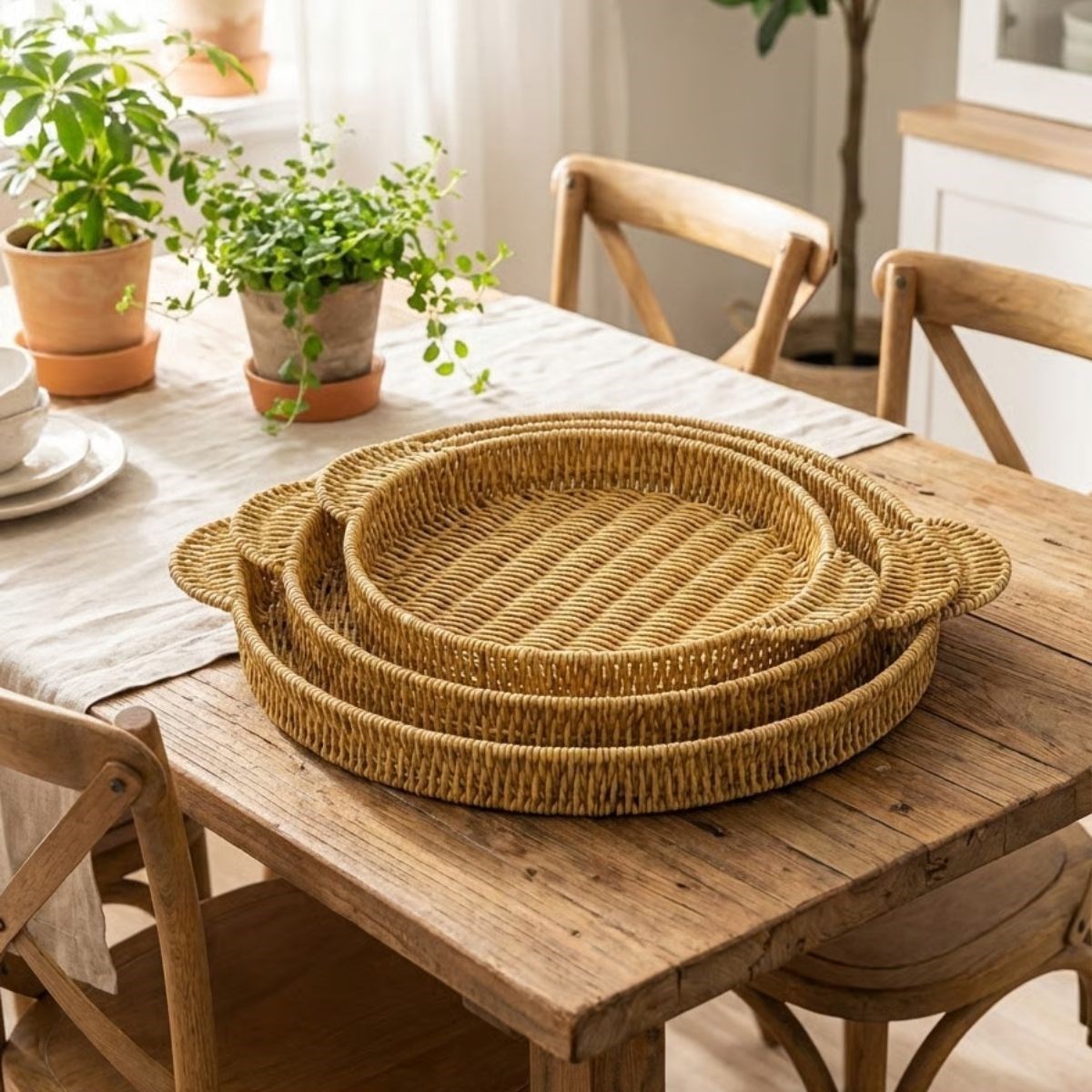 3er-Set runde Kunststoff-Rattan-Tabletts – Flechtoptik Multifunktions-Servier- und Präsentationstabletts (5563)