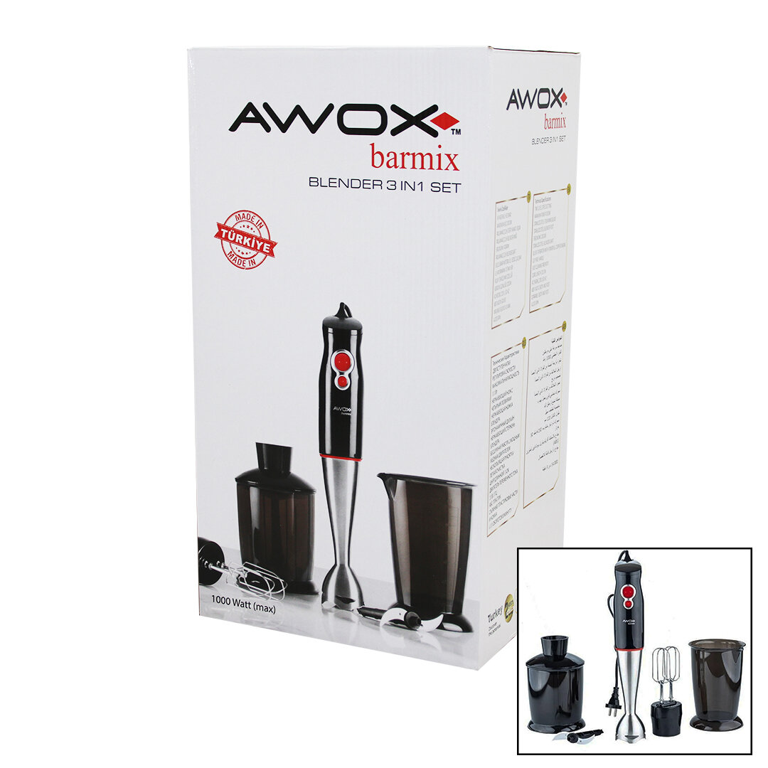 AWOX BARMİX  3İN1  BLENDER SETİ  ÇELİK 2Lİ MİKSER   ÇELİK RONDO BIÇAK   ÇELİK 4 KANATLI BIÇAK   1000W (5563)