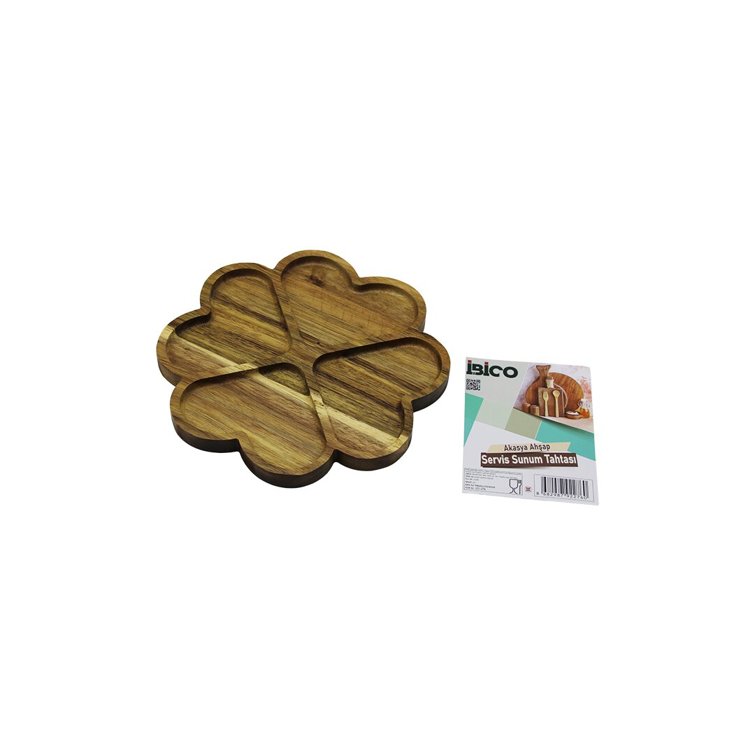 AKASYA rundes Holz-Serviertablett mit 4 Herz-Fächern 21 x 1,4cm