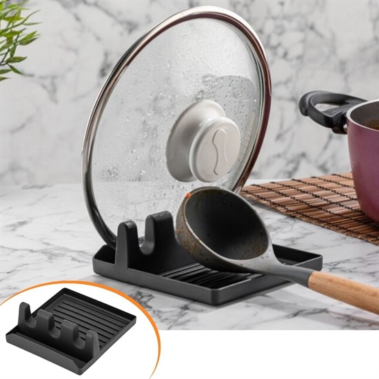 Tencere Kapak Tutuculu Kaşıklıklı Tencere Kapak Standı Pratik Kaşık Kepçe Altlık Düzenleyici (5563)