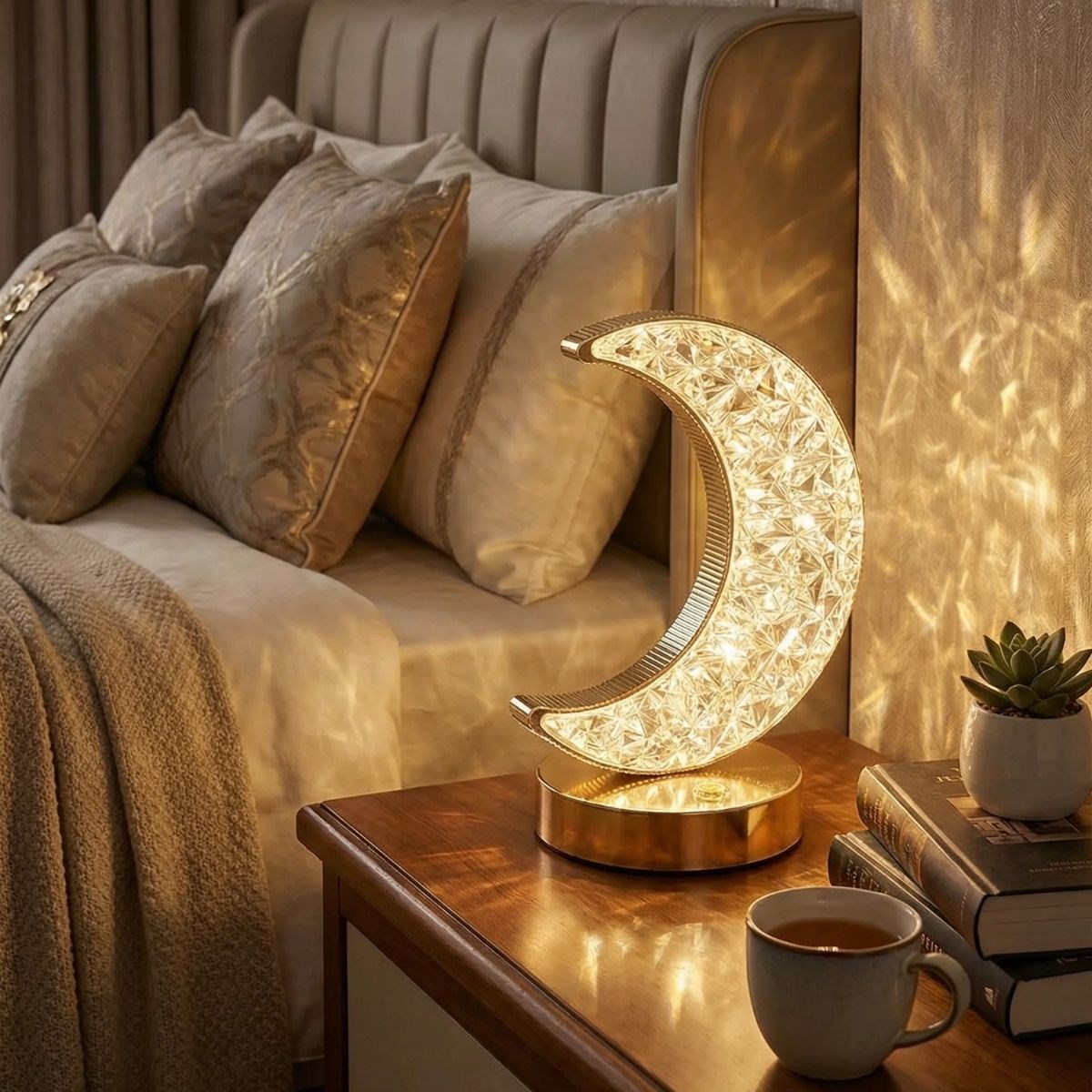 Hilal AY Model Kristal LED Masa Lambası – Dokunmatik, 3 Renk Işık Modlu, Şarjlı Mini Dekoratif Gece Lambası (5563)