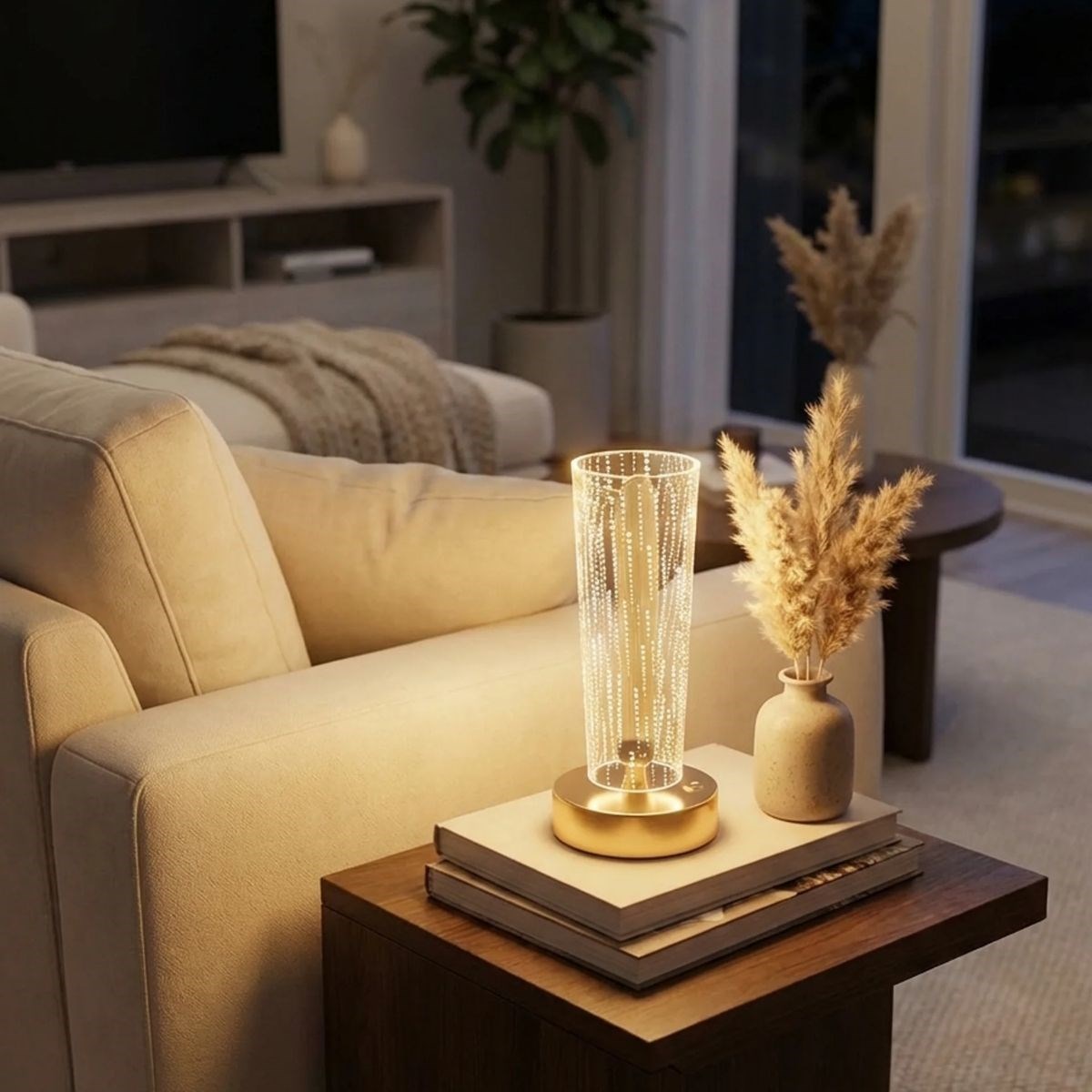 Zylindrische Kristall-Punkt-LED-Tischlampe – Gold-Basis, Touchscreen, 3-Farb-Lichtmodi, Aufladbar (5563)
