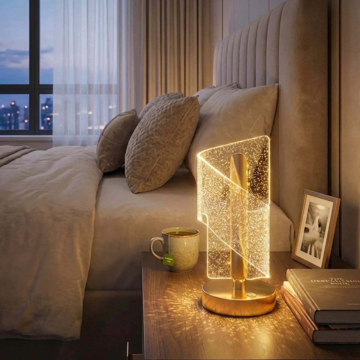 Çapraz Kavisli Kristal Simli LED Masa Lambası – Gold Gövdeli, Dokunmatik, 3 Kademe Işık Ayarlı Şarjlı Dekoratif Lamba (5563)