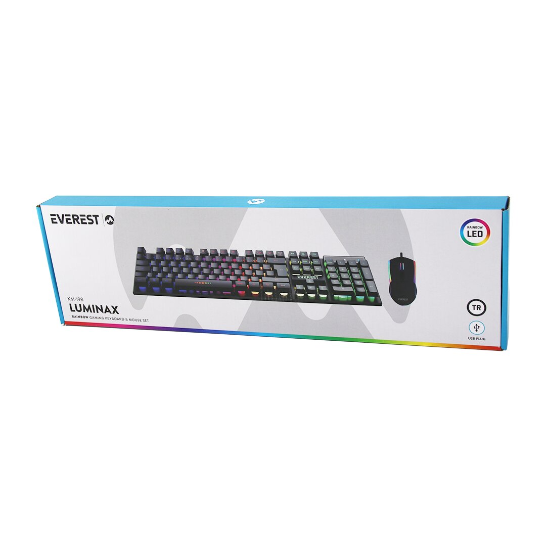 SİYAH GÖKKUŞAĞI IŞIKLI USB KABLOLU OYUNCU KLAVYE - MOUSE SET (5563)