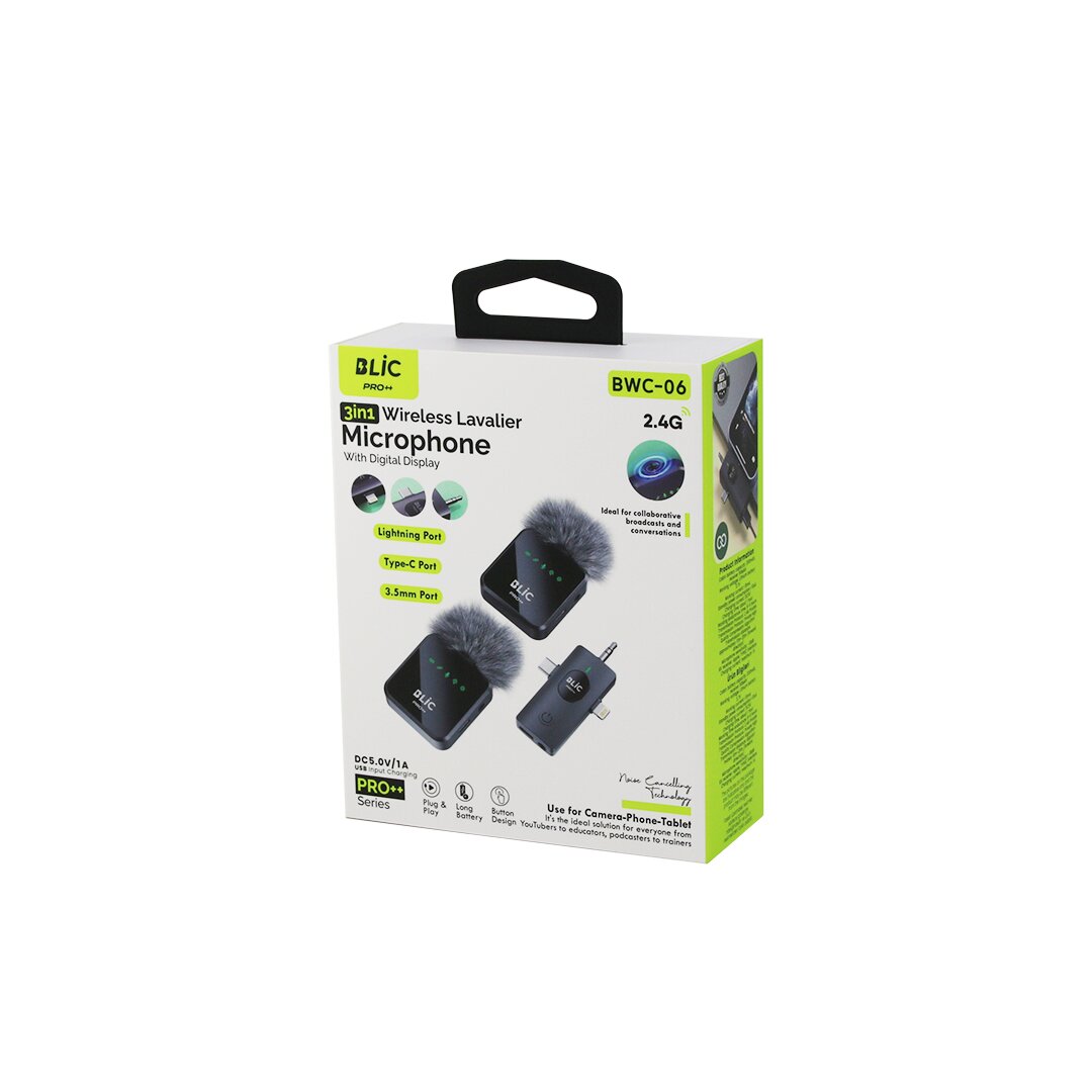 3İN1 KABLOSUZ İKİLİ YAKA MİKROFON TÜYLÜ DİJİTAL EKRAN LİGHTNİNG - TYPE-C - 3.5MM GİRİŞ 5.0V / 1A BWM-06 (5563)