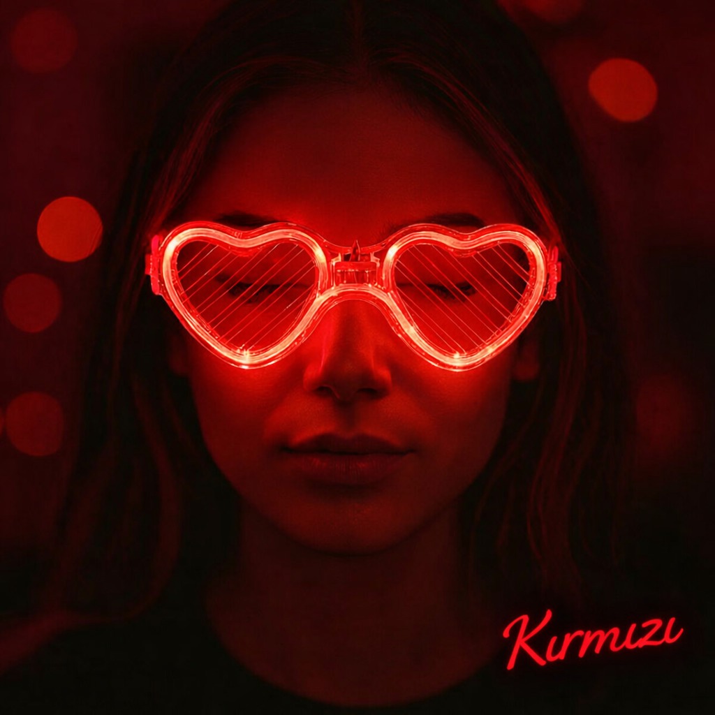 Kırmızı LED Işıklı Kalp Gözlük – 3 Modlu Parti - Glow Gözlüğü (5563)