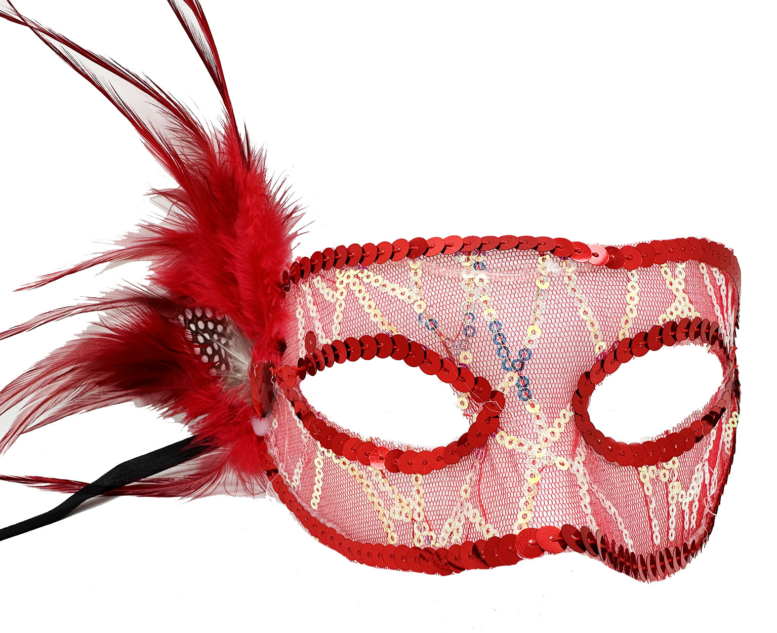 Rote Partymaske mit seitlichen Federn und Pailletten 23x12 cm (5563)