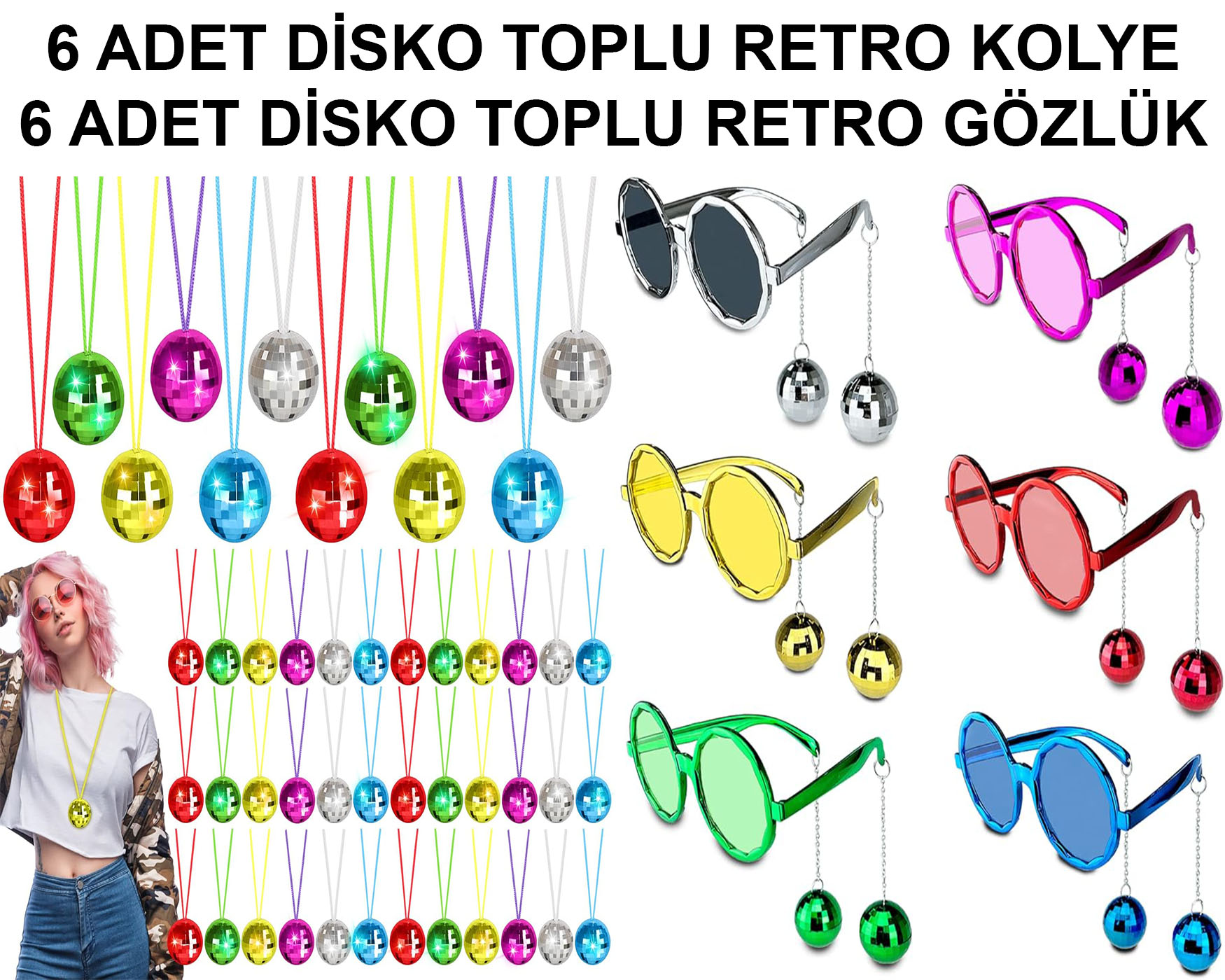 12 Parça Renkli Disko Toplu Retro Parti Seti – 6 Kolye + 6 Gözlük (5563)