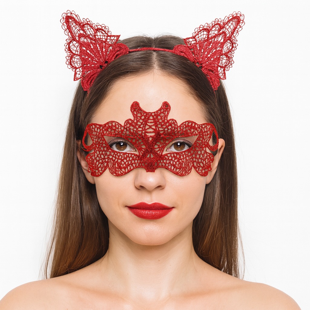 Ateş Kırmızısı Dantel Taç ve Maske Seti 10 No - Maskeli Balo &amp;amp;amp; Özel Gün Seti (5563)