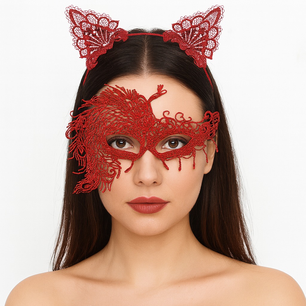 Alevin Zarafeti Kırmızı Dantel Maske ve Taç Seti 4 No – Kadın Kostüm Tamamlayıcı (5563)