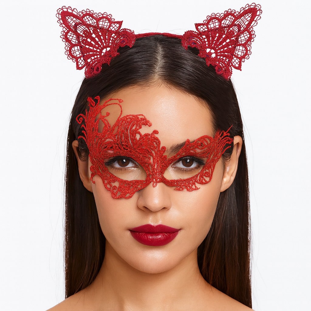 Geheimnisvolle rote Spitzenmaske und Krone Set 1 - Kostümset (5563)