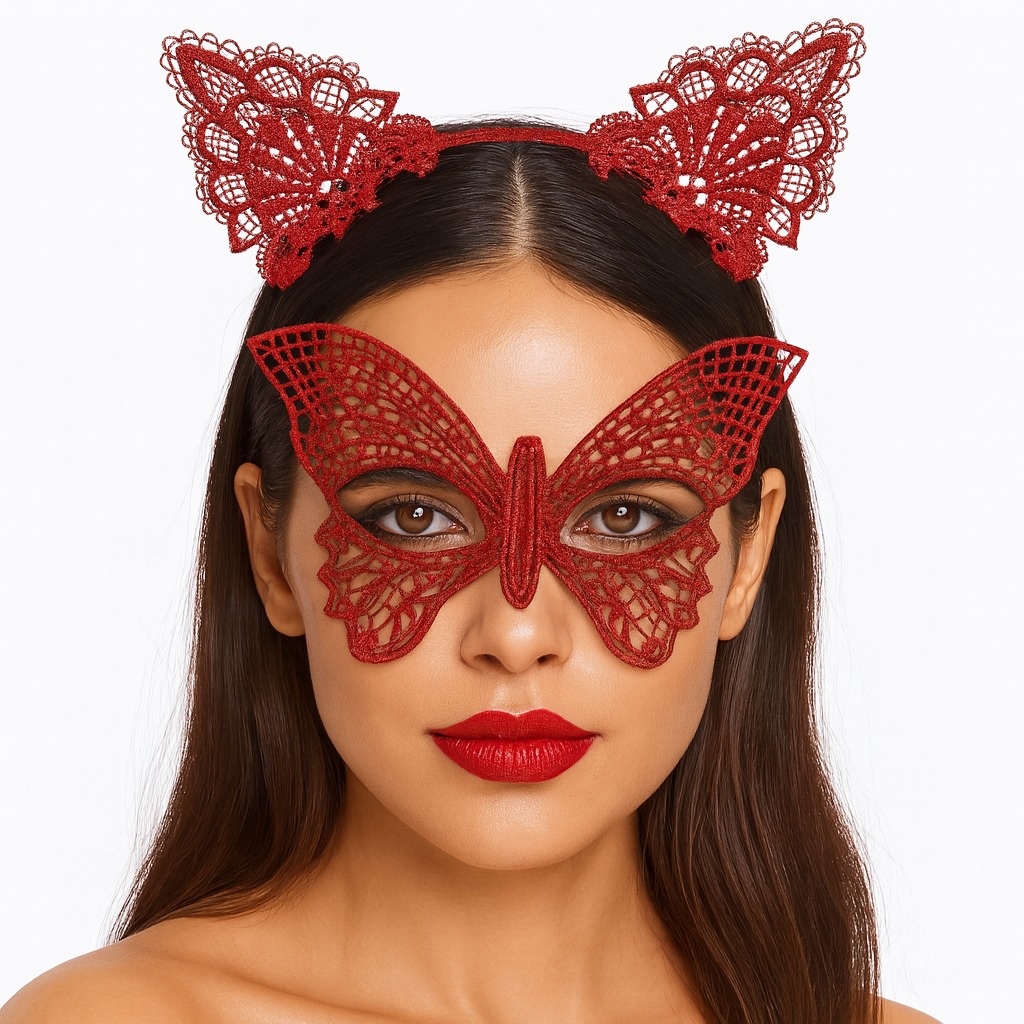 Gösterişli Kırmızı Dantel Maske ve Taç Seti 7 No – Masquerade ve Davetler için (5563)