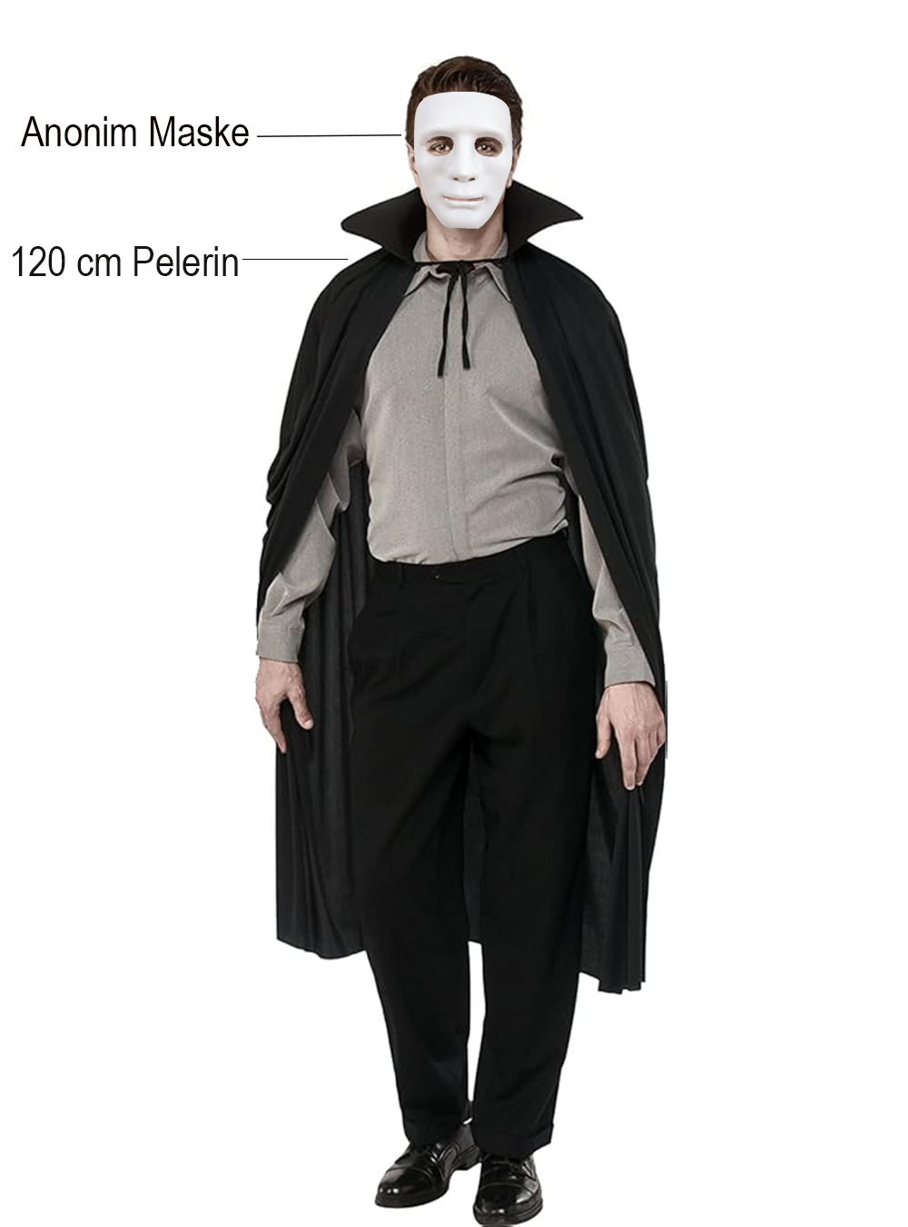 Schwarzer Umhang mit Kragen 120 cm & weiße anonyme Maske (5563)