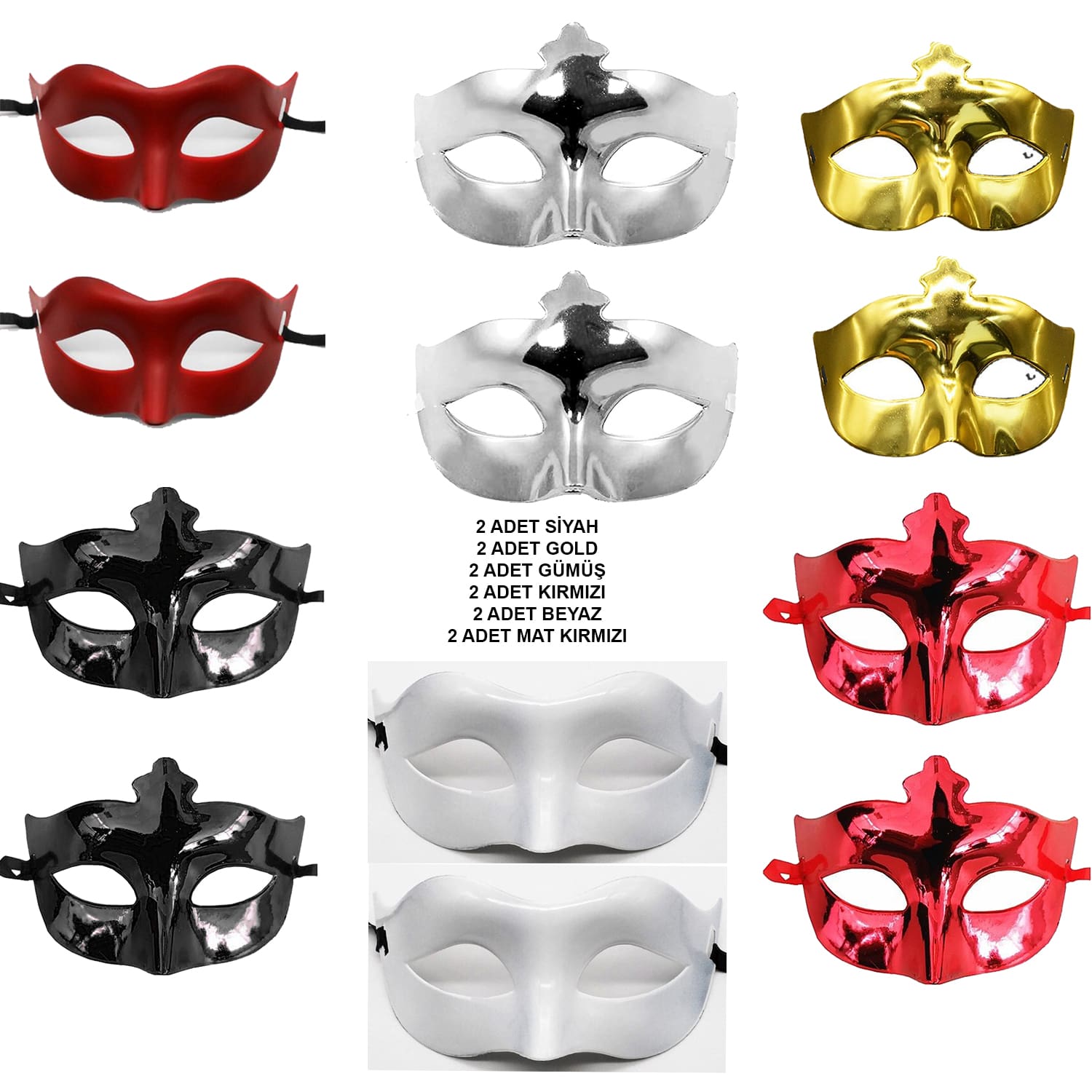 12er Farbiges Party-Masken-Set – Schwarz, Gold, Silber, Rot, Weiß, Matt-Rot (5563)