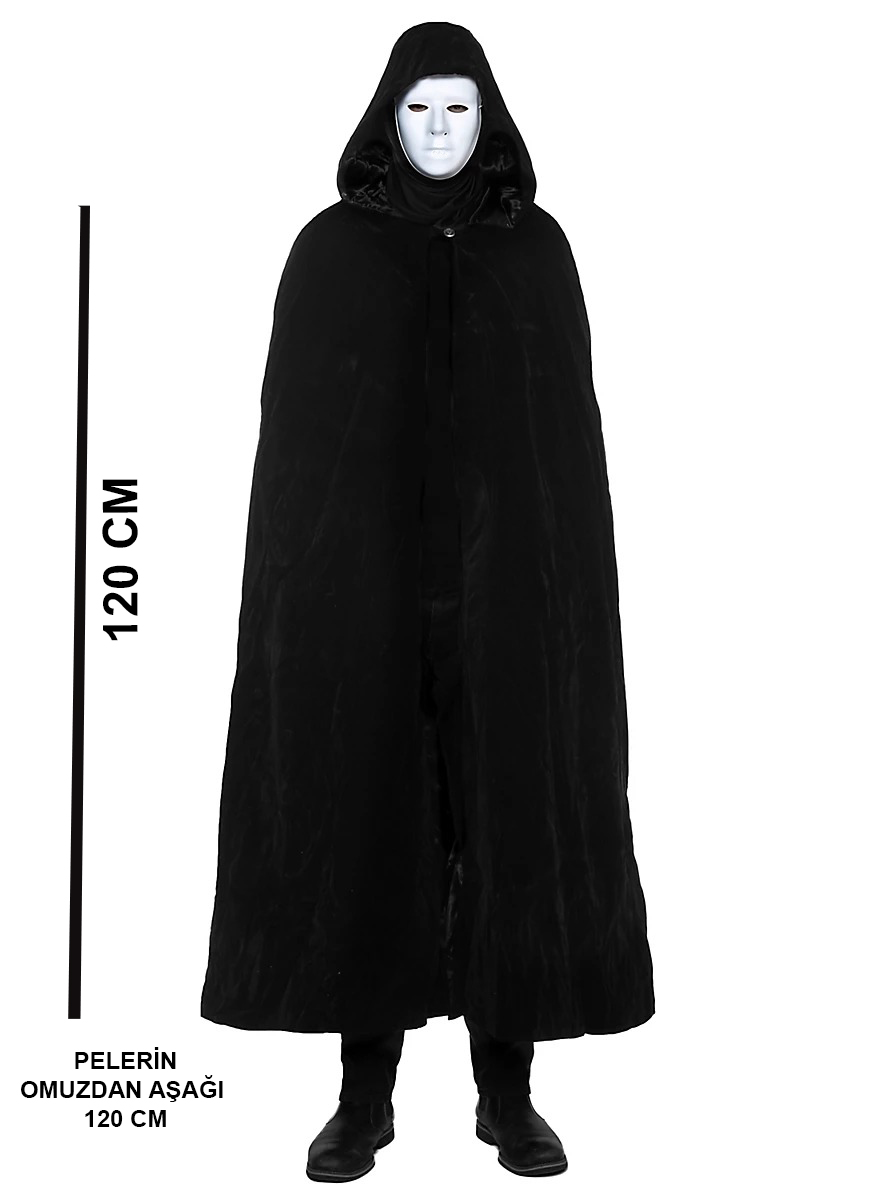 Schwarzer Umhang mit Kapuze 120 cm & weiße bemalbare Vollgesichtsmaske (5563)