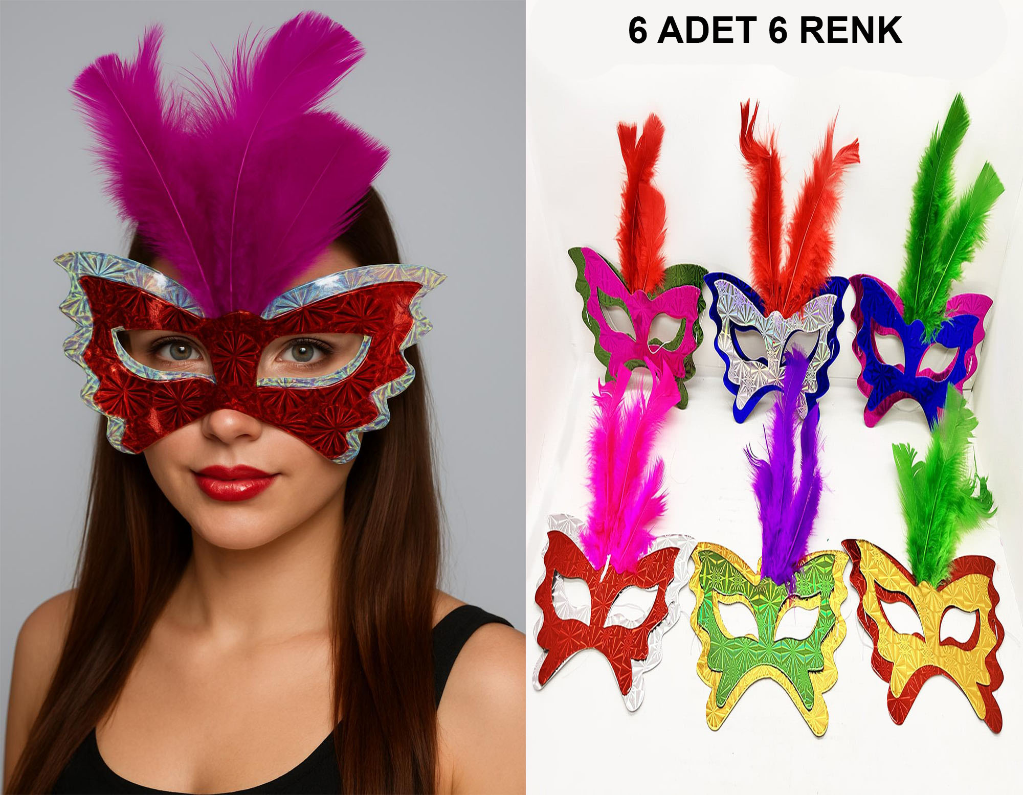 Renkli Parti Maskesi 6&amp;apos;lı | Tüylü Karton Maske Seti (Lastikli) (5563)