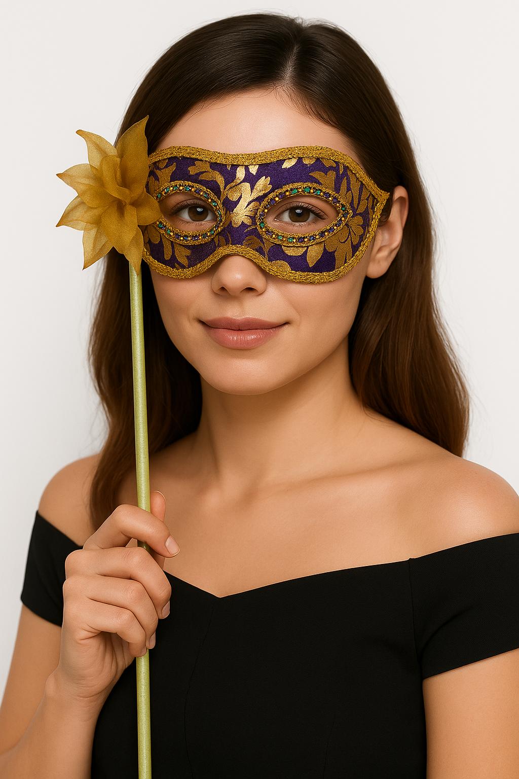 Lüks Taşlı Saplı Maskeli Balo Maskesi Mor Renk 35 cm (5563)