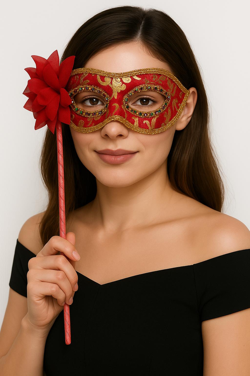 Lüks Taşlı Saplı Maskeli Balo Maskesi Kırmızı Renk 35 cm (5563)