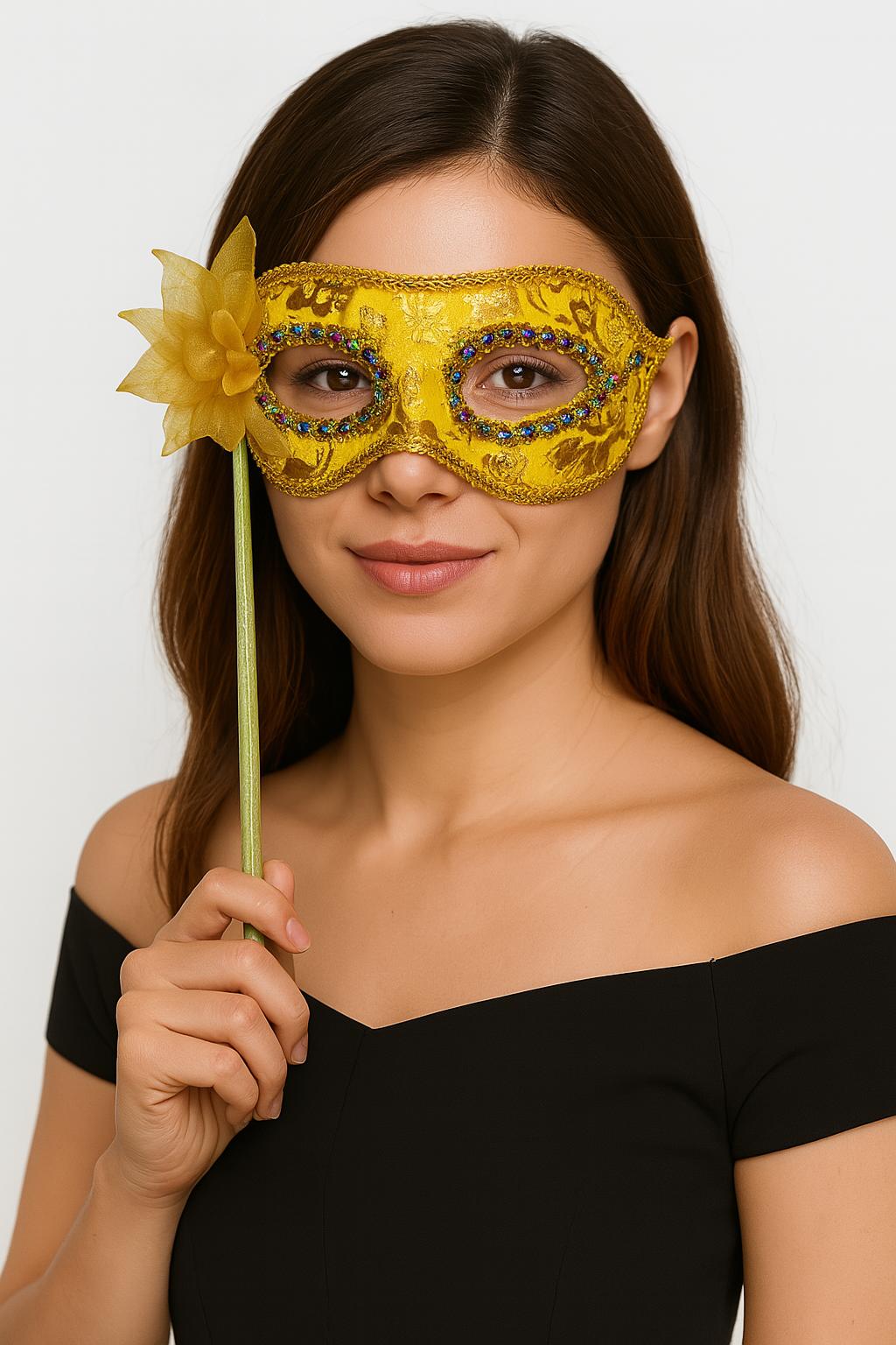 Lüks Taşlı Saplı Maskeli Balo Maskesi Altın Renk 35 cm (5563)