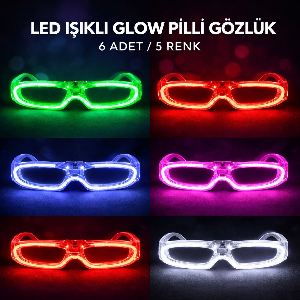 LED Işıklı Glow Pilli Parti Gözlüğü - Glow Efektli 6 Adet 5 Renk (5563)