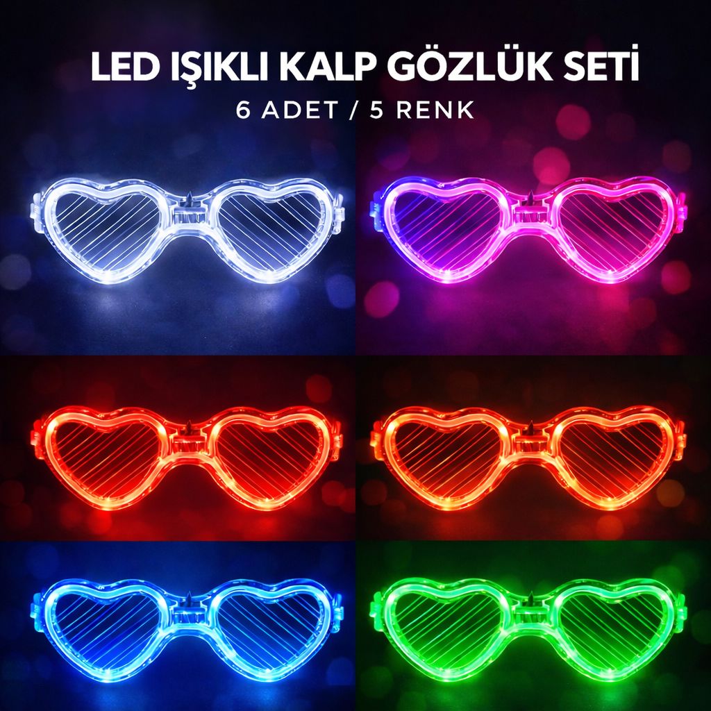 LED Herz Glow Partybrille mit Batterie – 6er Set / 5 Farben (5563)