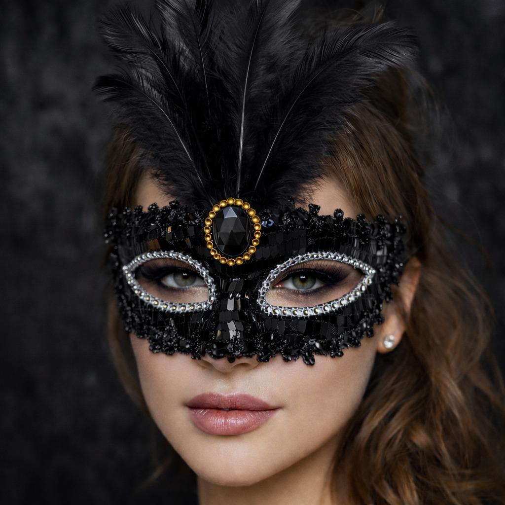 Schwarze Pailetten-Feder-Parteimaske 17x20 cm (5563)