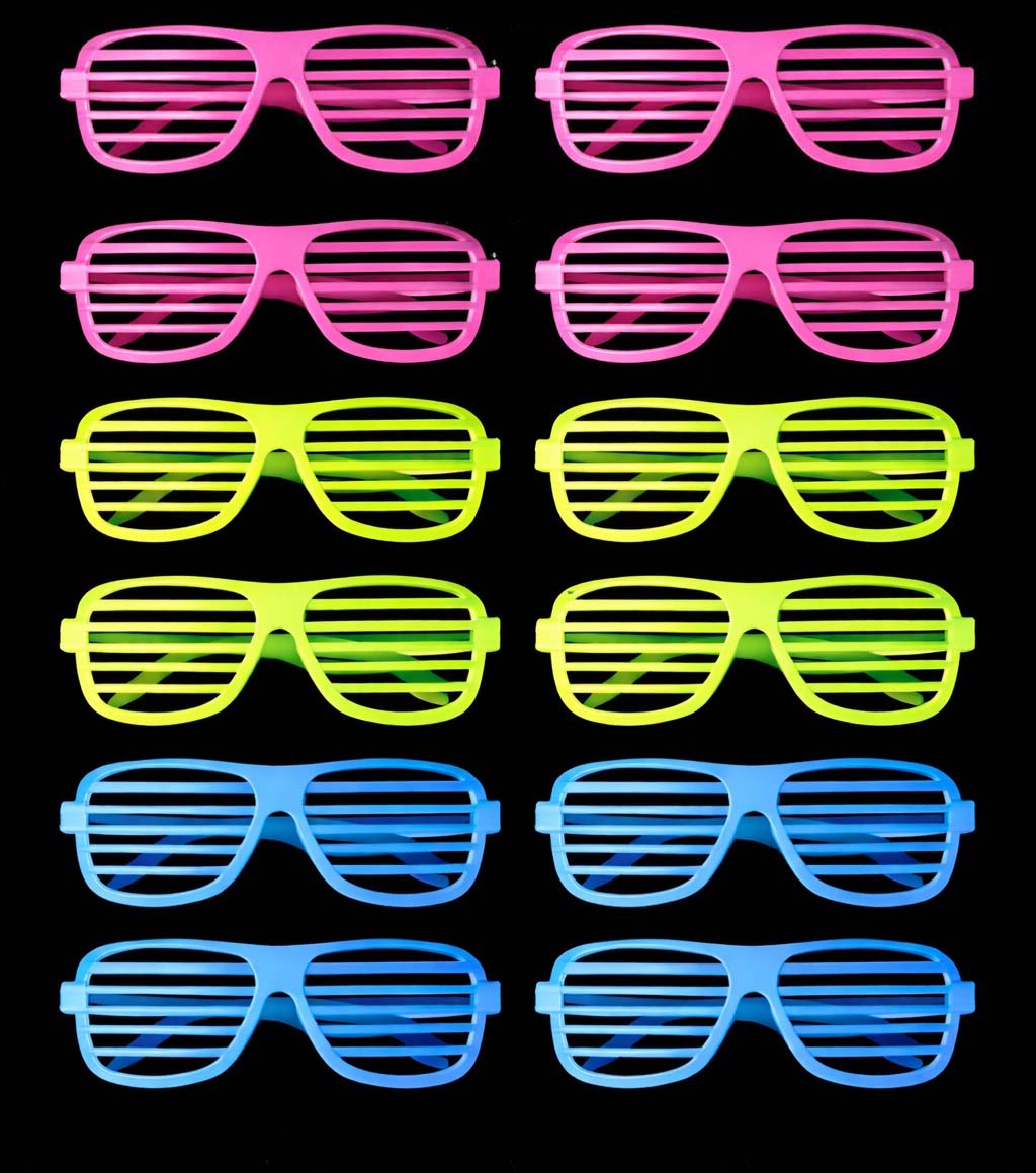 Retro Neon Fosforlu Panjur Gözlük 12 Adet – 80’ler 90’lar Parti Stili (5563)