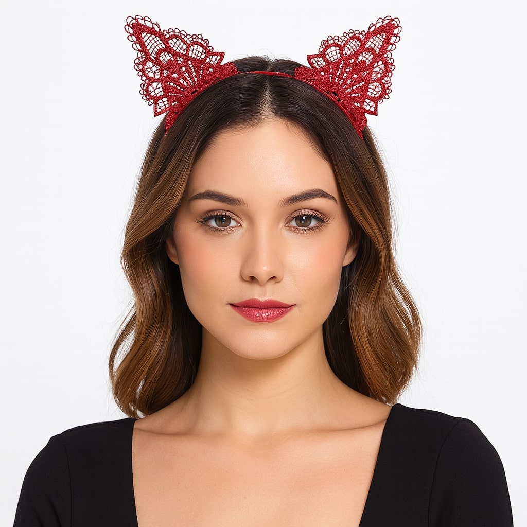 Dantelli Kırmızı Kedi Tacı - Vintage Tarz Dantel Kedi Kulak (5563)