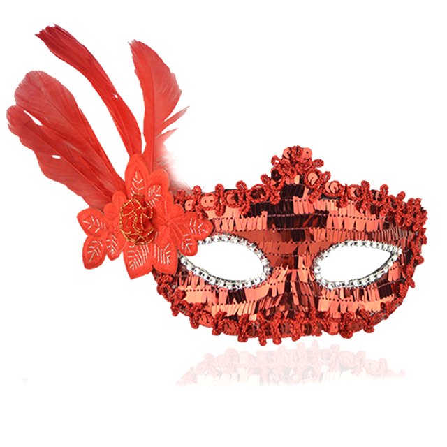 Rote Pailletten-Maske mit seitlichen Federn 18x22 cm (5563)