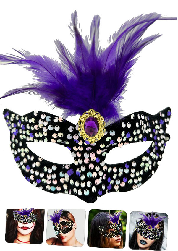 Siyah Kadife Üzeri Rengarenk Payetli Pullu Mor Tüylü Mor Taşlı Parti Maskesi 19x21 cm (5563)