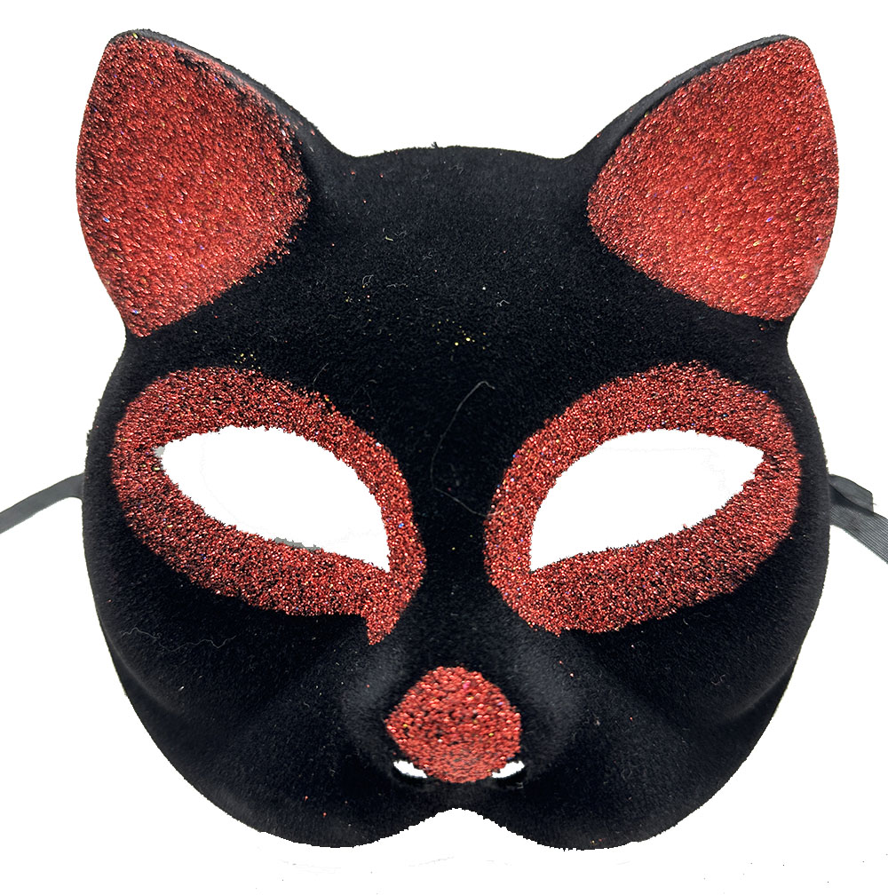 Schwarze Samtkatzenmaske mit roten Glittern 18x14 cm (5563)