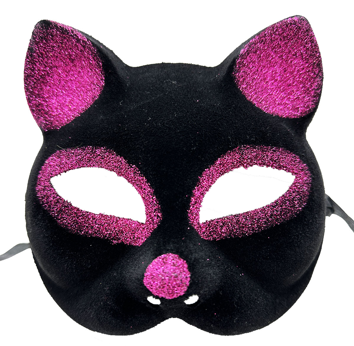 Schwarze Samtkatzenmaske mit Fuchsia-Glitter 18x14 cm (5563)