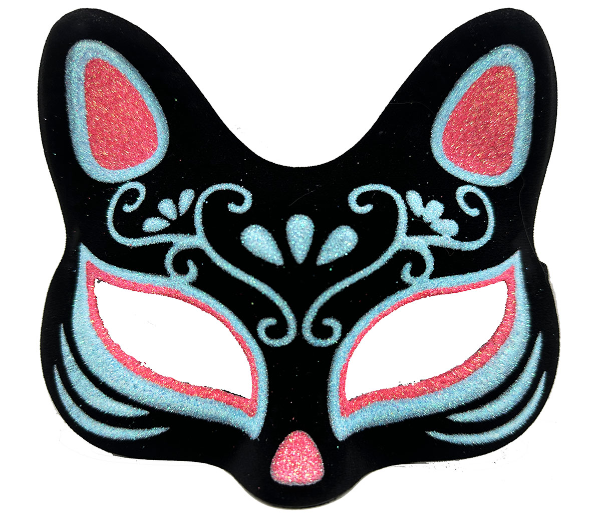 Schwarze Samtmaske Katze mit blauen roten Pailletten 17x14 cm (5563)