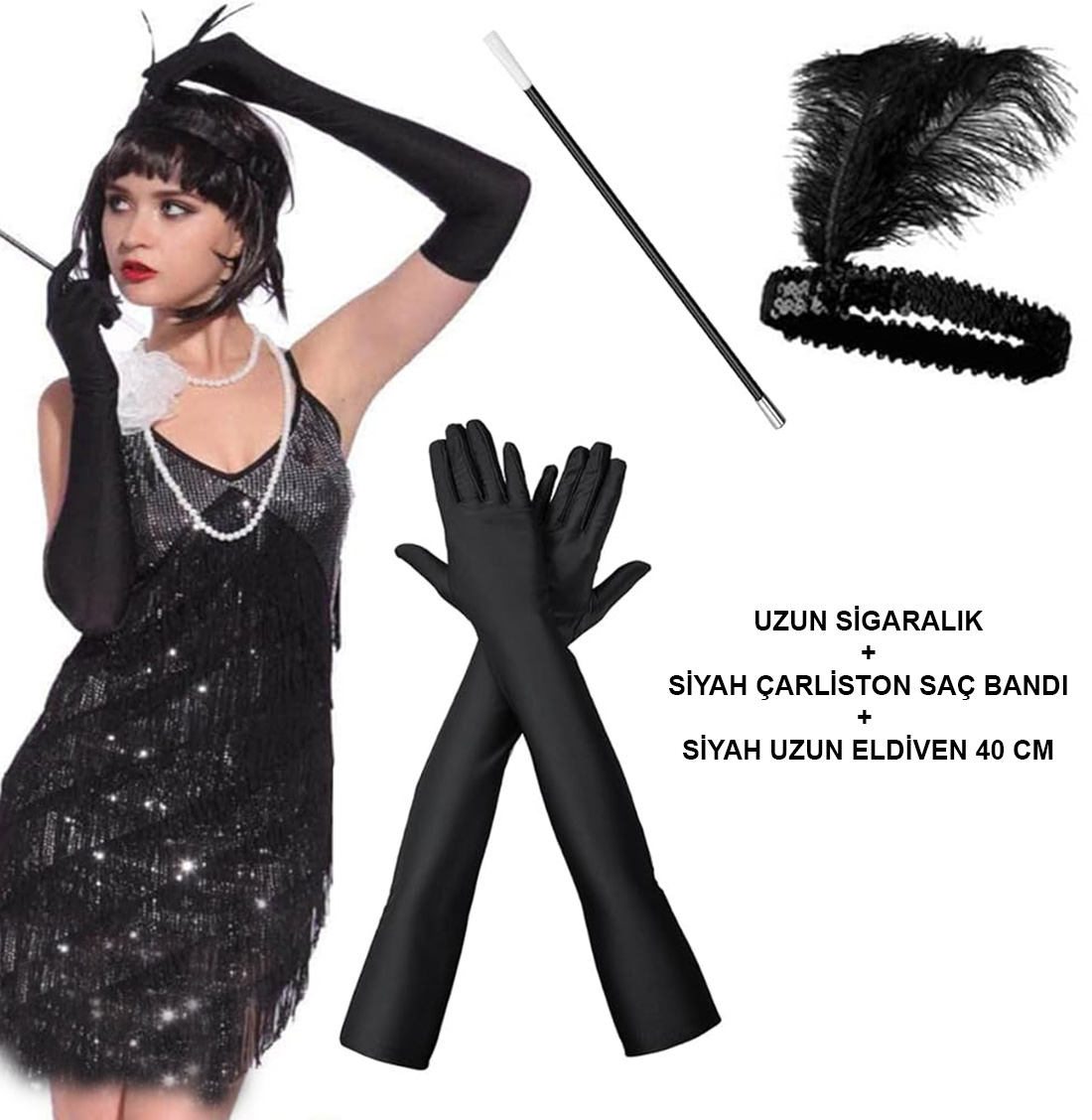 1920&amp;apos;ler Gatsby Aksesuar Seti – Siyah Charleston Saç Bandı, Uzun Eldiven &amp;amp;amp; Sigaralık (5563)