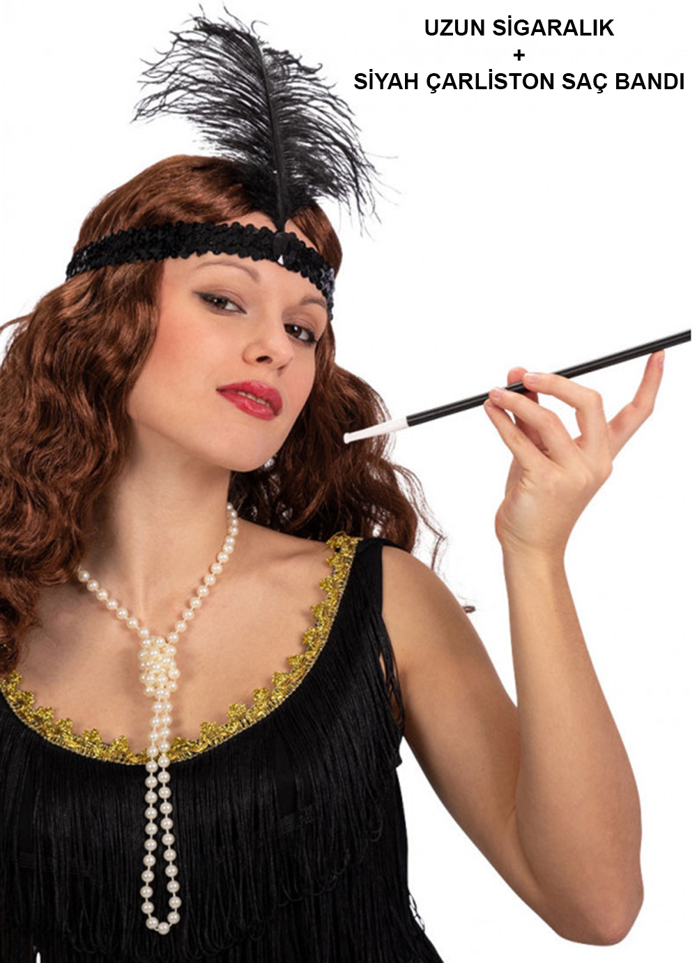 1920er Gatsby Accessoire-Set – Schwarzes Charleston Haarband & Zigarettenspitze (5563)