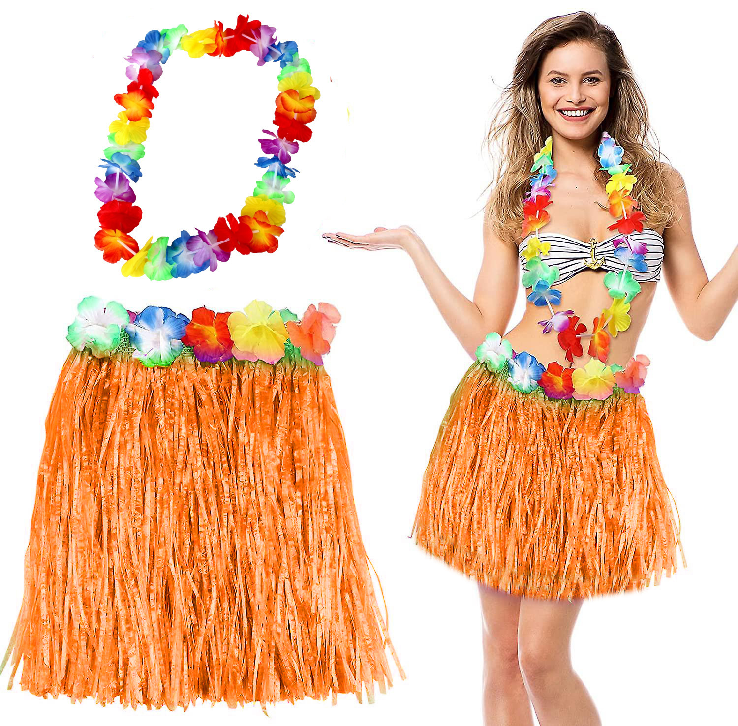 Hawaii Luau Aloha Orange Quasten Rock 40 cm & Halskette Set