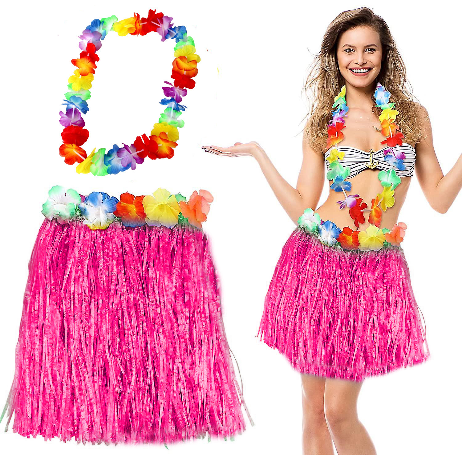 Hawaii Luau Aloha Pembe Püsküllü 40 cm Etek ve Hawaii Kolye Seti (5563)