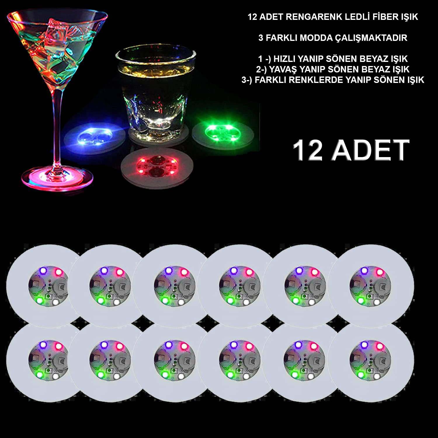 Renkli LED Işıklı Bardak Altlığı - Dekoratif (12 Adet, Pilli) (5563)