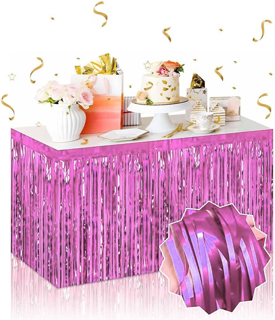 Kendinden Yapışkanlı Pembe Metalize Püsküllü Masa Eteği – 75 x 275 cm Parti Süslemesi (5563)