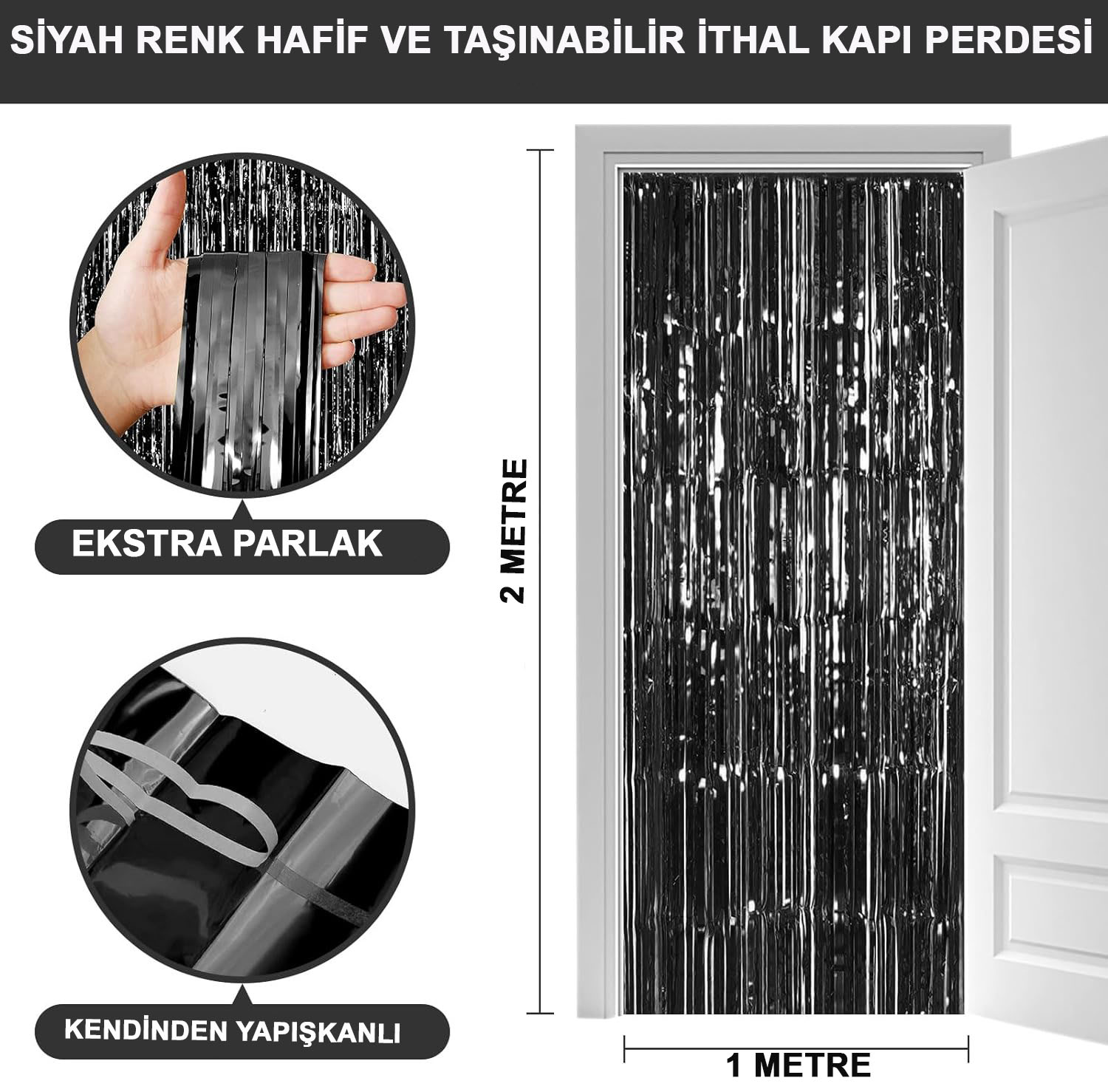 Siyah Renk Ekstra Metalize Parlak Saçaklı Arka Fon Perde İthal A Kalite 1x2 Metre (5563)