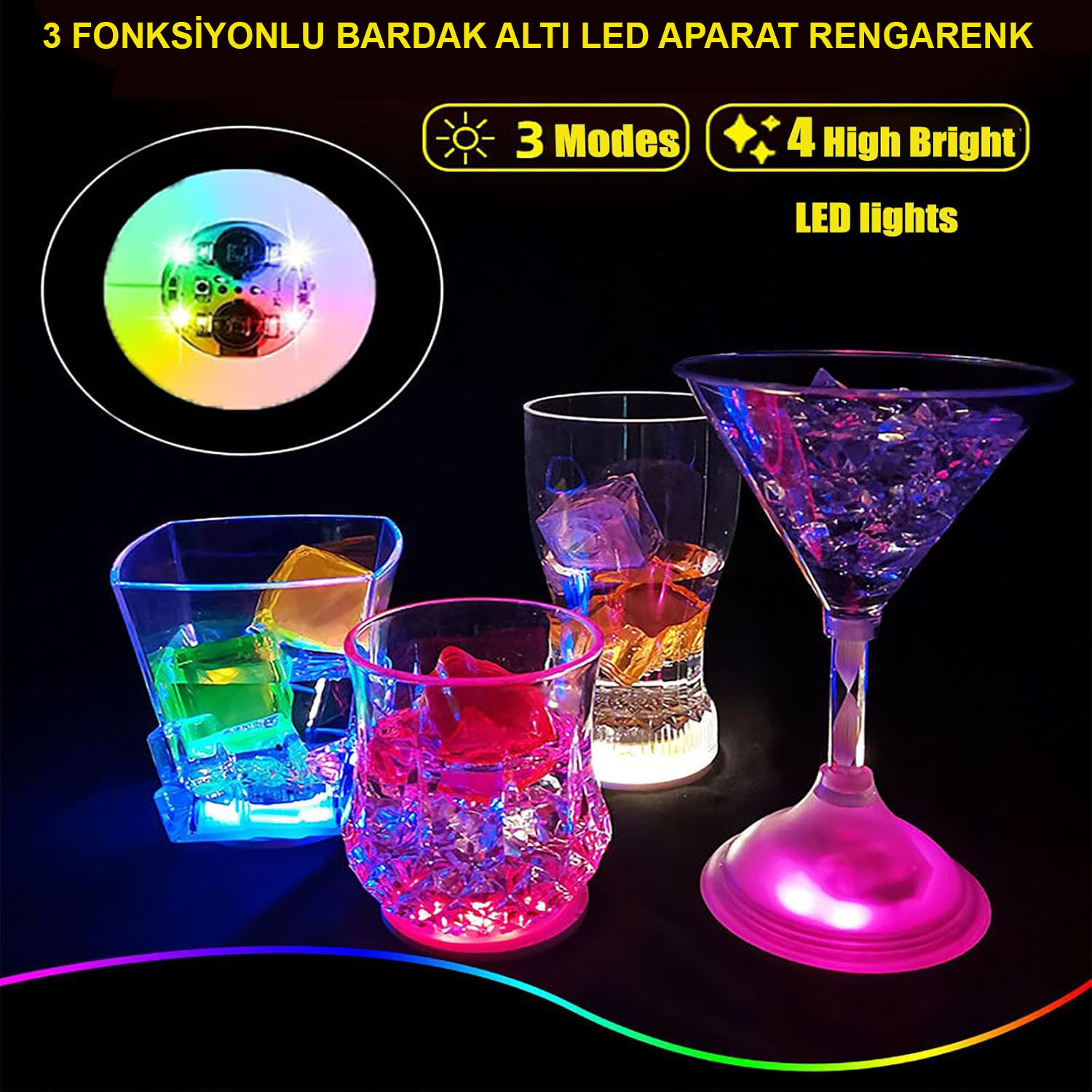 Işıklı Yapışkanlı Bardak Altı Aparatı Ledli 3 Fonksiyonlu 6 cm Çap (5563)