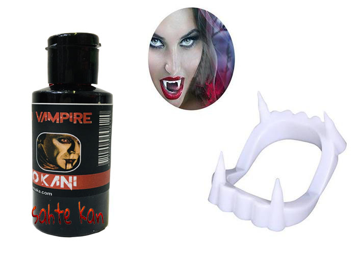 Weiße Doppelpalate Vampirzähne und 50 gr Kunstblut (5563)