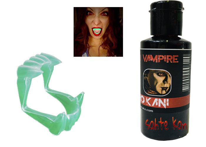Fluoreszierendes Vampir-Gebiss mit Doppelkiefer und 50g Kunstblut (5563)