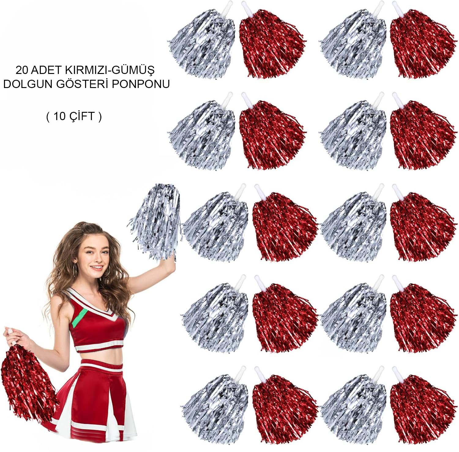 Kırmızı Gümüş Metalik Dolgun Gösteri Ponponu 20 Adet (10 Çift) (5563)