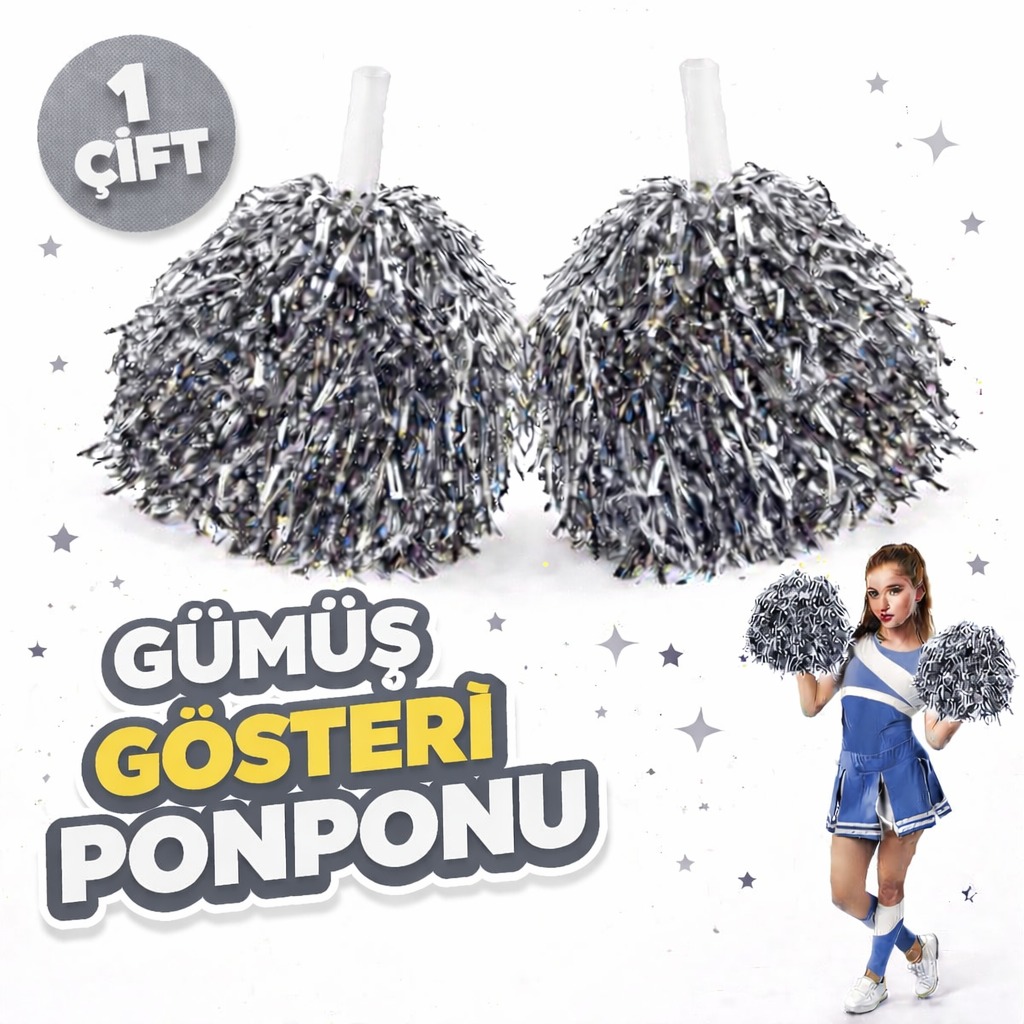 1 Paar (2 Stück) Silber Cheerleading Pompons Extra Volumen (5563)